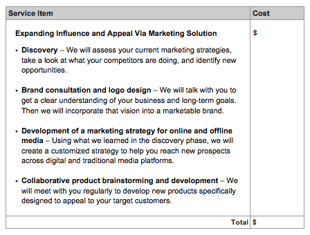 marketing proposal template pricing section